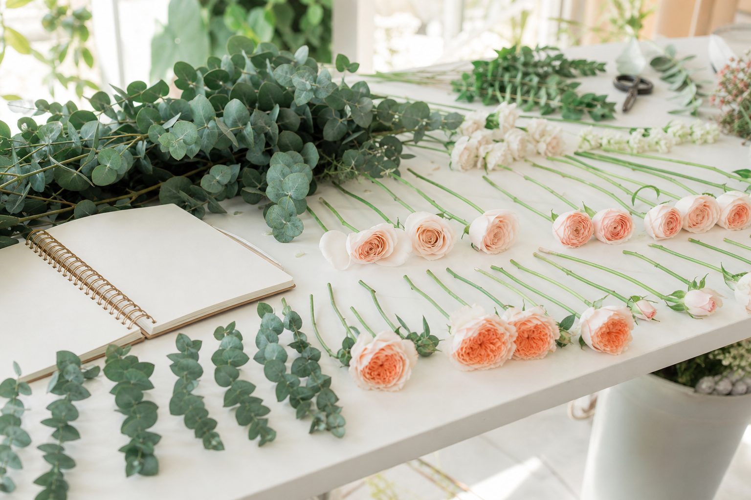Florist workbench in daylight with garden roses and greenery sorted into counted rows beside an open notebook