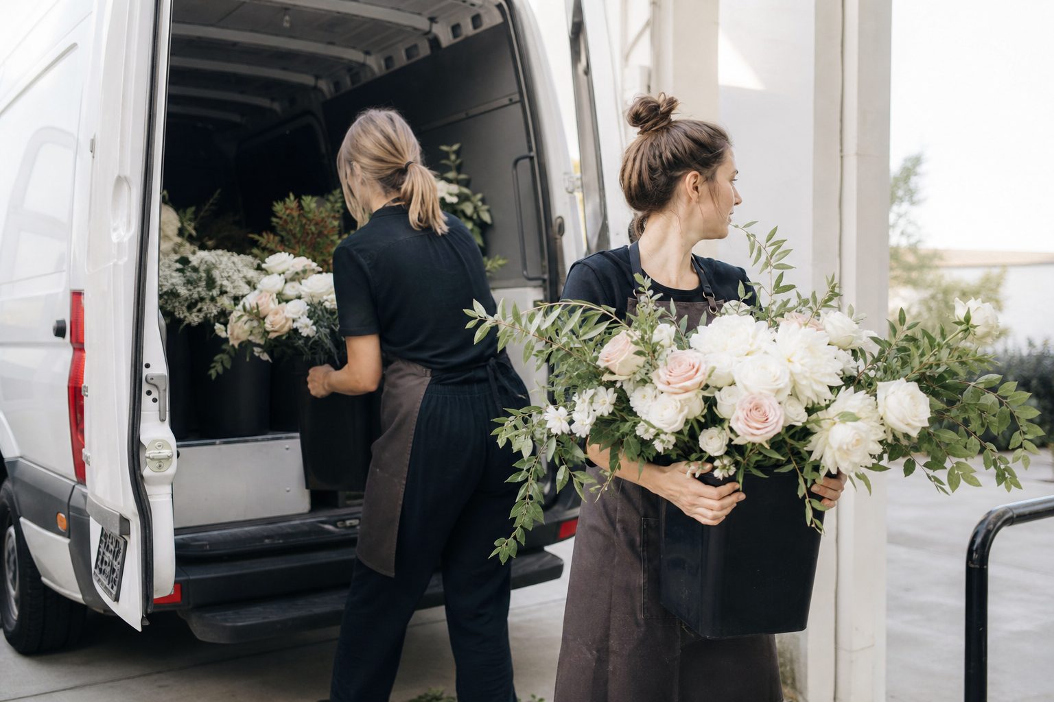 Florists loading buckets of blush and white flowers into a van in bright early morning light