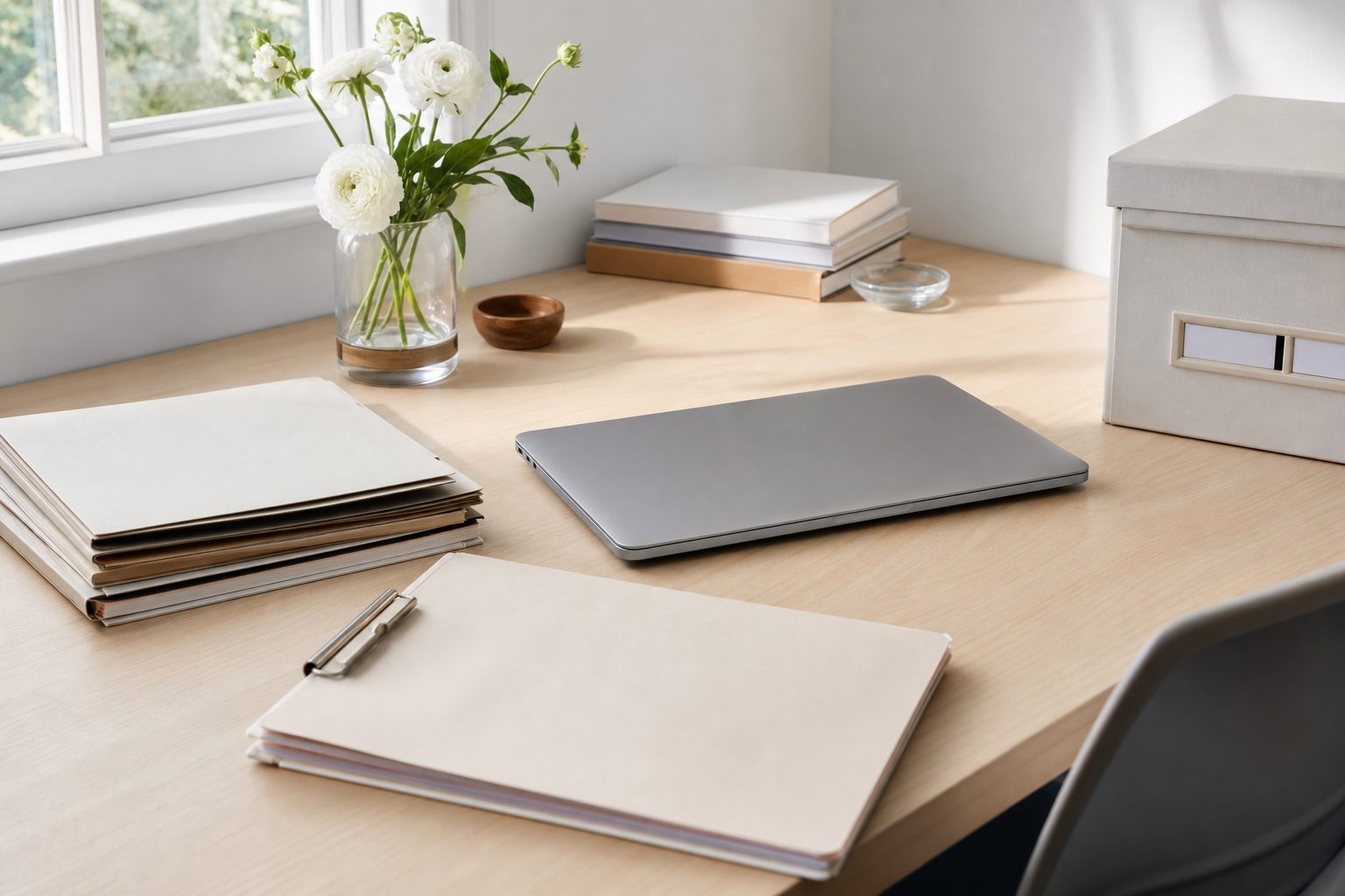 Bright home studio desk with tidy folders and a small vase of white flowers on pale wood