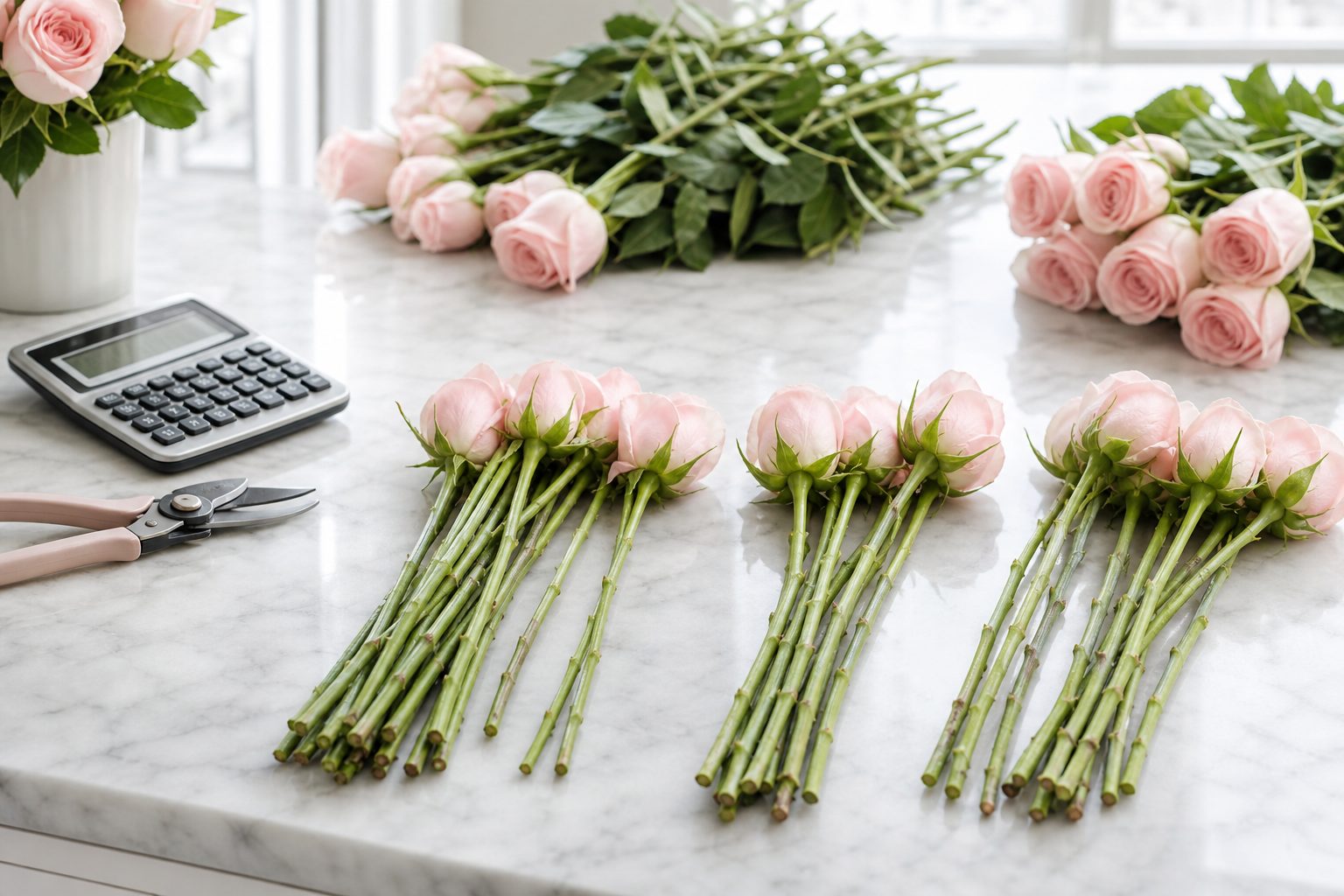 Counted rose stems grouped on a white marble counter beside a calculator and pruners in bright daylight