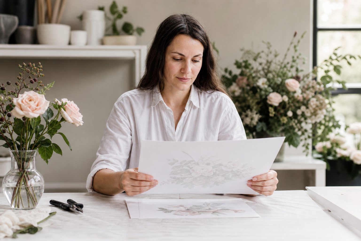 Florist reviewing a printed wedding proposal at a bright white studio table beside pruners and a bud vase