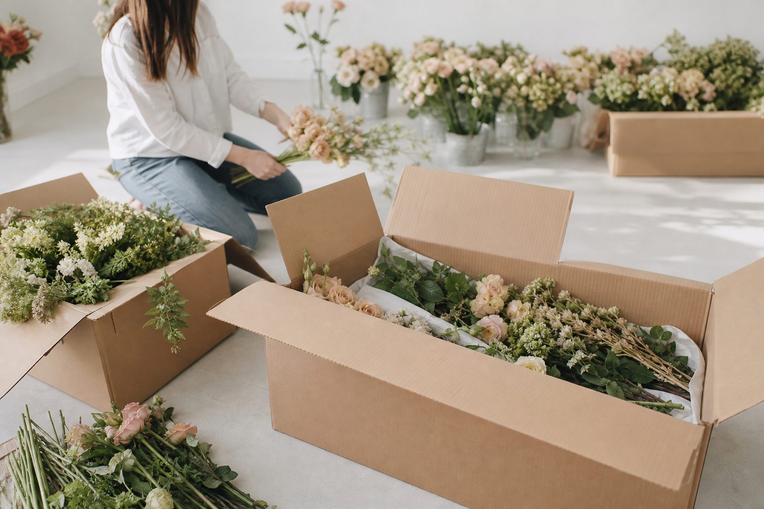 Newly opened flower boxes on a bright studio floor with stems being counted and sorted