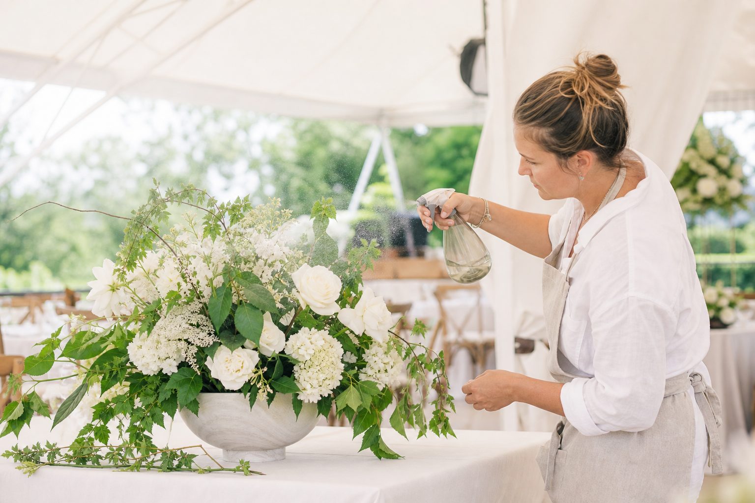 Florist misting a white and green arrangement staged under a shaded outdoor tent on a sunny day
