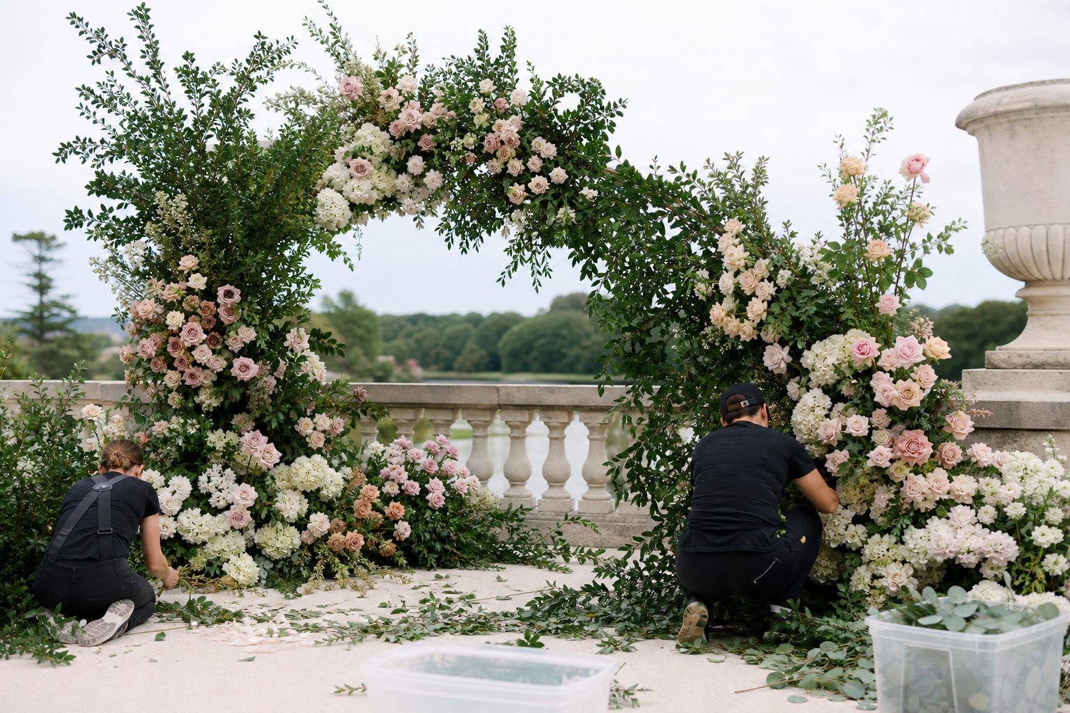 Blush and white ceremony arch installation being built outdoors under bright overcast daylight