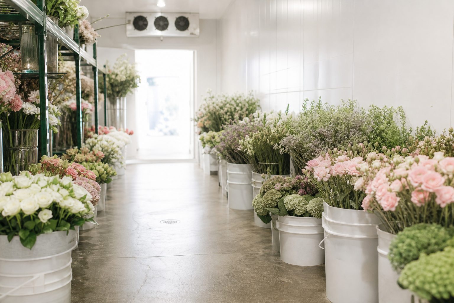 Bright wholesale cooler aisle lined with buckets of blush and green cut flowers under soft daylight