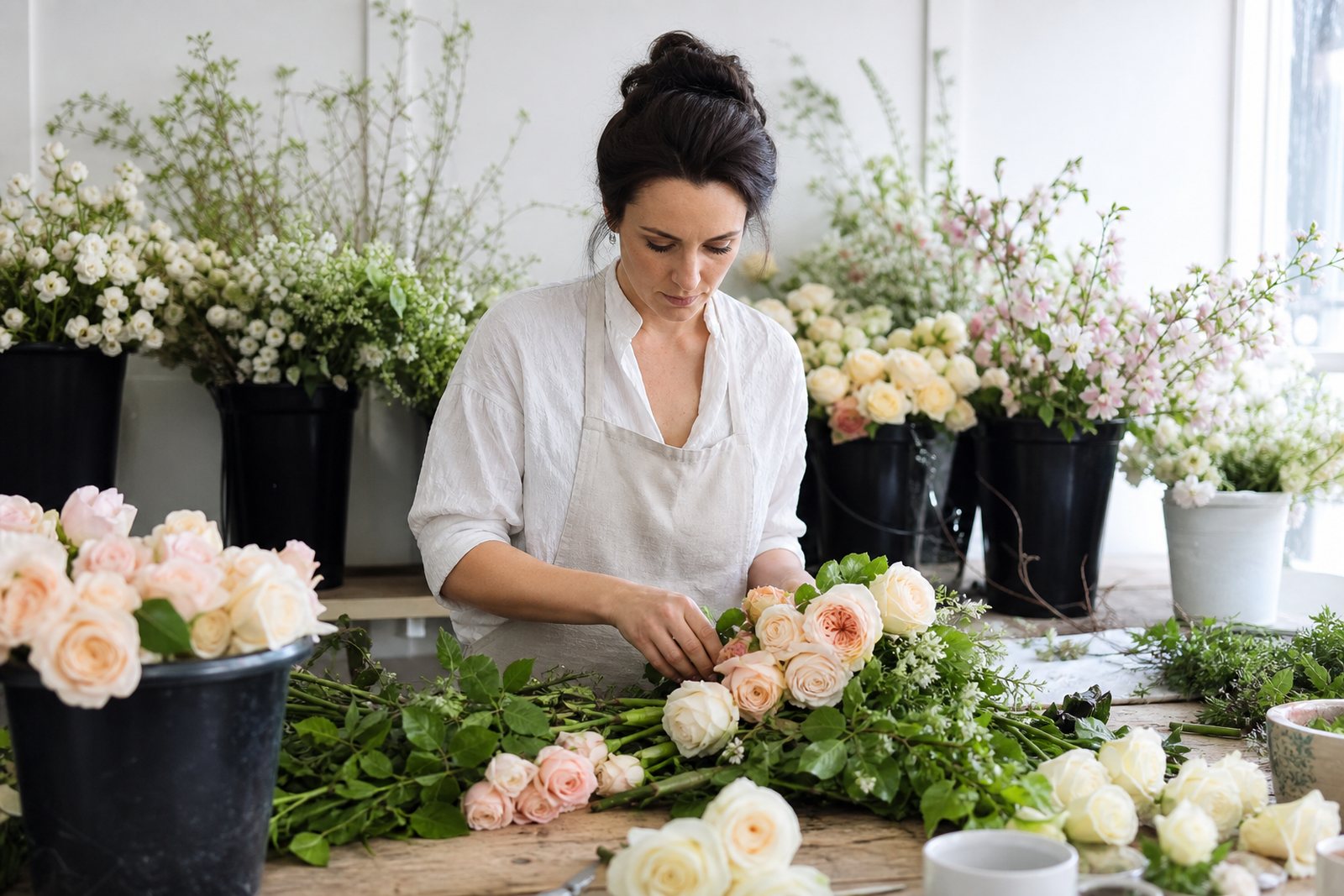 Wedding florist arranging garden roses at a studio worktable surrounded by buckets of blush and white flowers