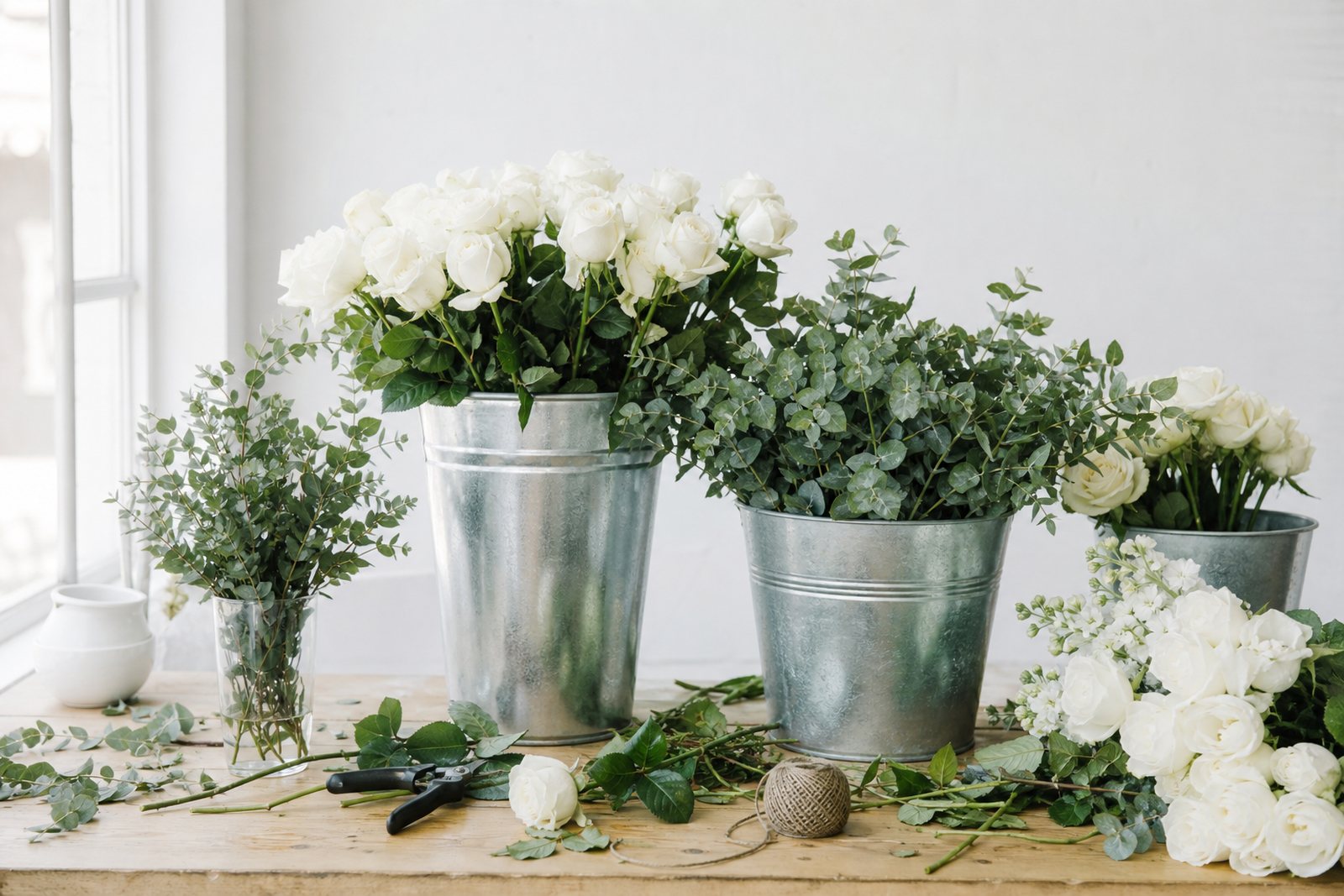 Floral studio worktable with buckets of roses and eucalyptus beside clippers and twine in bright daylight